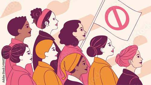 Diverse Women Protesting with a No Symbol.