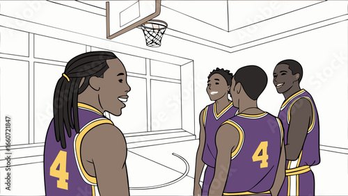 Basketball Team in Purple Uniforms Discussing Strategy.