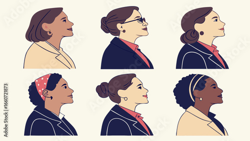 Diverse Womens Portraits in Profile Vector Illustration.