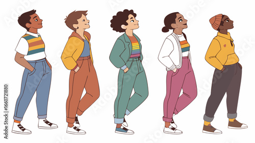 Diverse Youth in Trendy 80s90s Style Outfits.