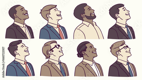 Eight Diverse Businessmen Looking Upward Smiling.