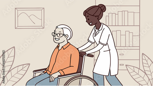 Elderly Man in Wheelchair with Nurse Assistance.