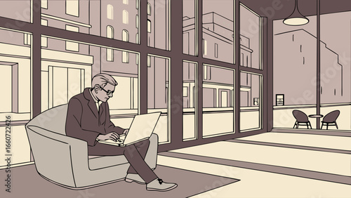 Businessman Working on Laptop in Modern Cafe.