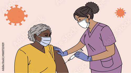 Elderly Woman Receiving Vaccine from Nurse Wearing Mask and Gloves.