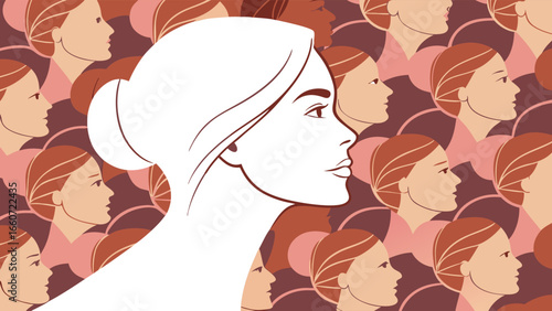 Elegant Woman Profile Outline with Repeating Female Faces Background.
