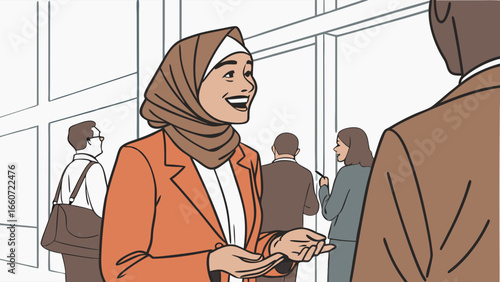 Businesswoman in Hijab Laughing in Office Setting.