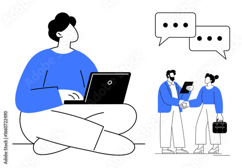 Person using laptop in casual setting and two colleagues meeting, discussing documents, and shaking hands. Ideal for teamwork, communication, negotiation, remote work, collaboration, digital tools