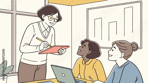 Businesswoman Presenting Information to Colleagues in Office.