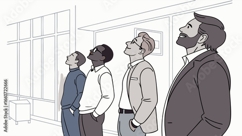 Four Men Looking Upward in Illustration.