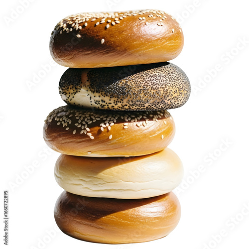 A stack of freshly baked bagels, each with a unique topping, piled high on a white background