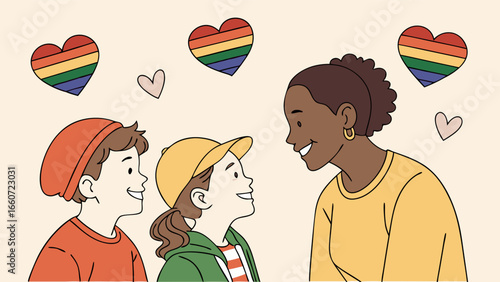 Happy LGBTQ Family Mother and Two Children Smiling Together.