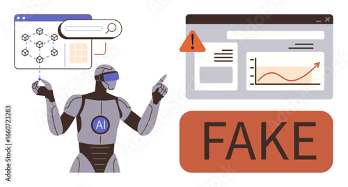Robot analyzing data, search results, and graphs, identifying fake content with a warning. Ideal for AI, misinformation, cybersecurity, fake news detection, verification digital ethics simple flat