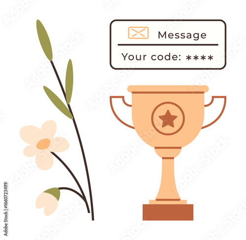 Golden trophy with star emblem, tall flower stems, and a message displaying a secure code. Ideal for success, reward, recognition, competition, motivation, achievement simple flat metaphor