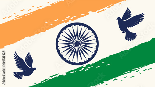 Indian Flag with Ashoka Chakra and Peace Doves.