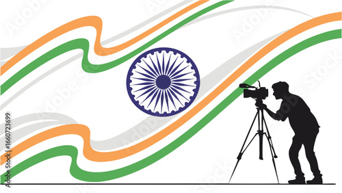 Indian Journalist Capturing a Moment with National Flag Background.