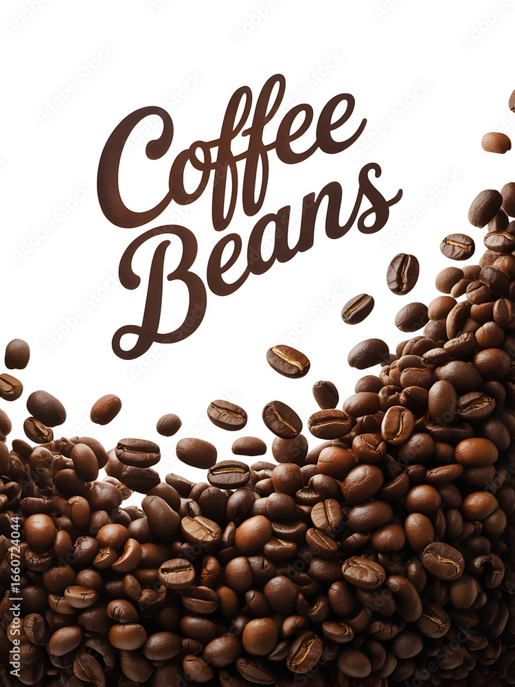 Obraz premium Rich Roasted Coffee Beans Pouring Downward with a Whimsical Hand-Drawn Title