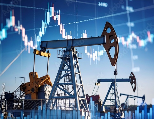 Oil pumps with stock market graph.