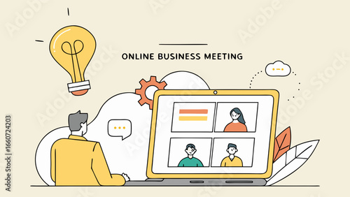 Online Business Meeting Illustration with Laptop and Participants.