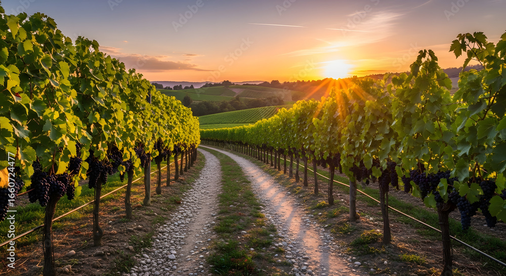 Fototapeta premium Captivating vineyard vista during golden hour illuminating the rolling hills and leafy vines promising a plentiful harvest under a serene sky casting long shadows across the winding dirt path