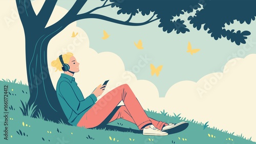 Relaxed Person Listening to Music Under Tree.