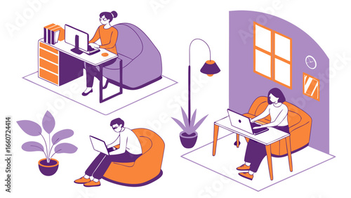Remote Workers in Home Offices Isometric Illustration.