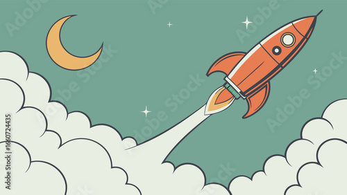 Retro Rocket Ship Launching Through Night Sky.