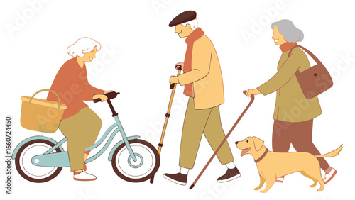Seniors Enjoying an Active Outdoor Day with Bicycle Walking Sticks and Dog.