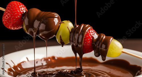 Decadent Chocolate Fondue with Fresh Strawberries and Grapes Dripping Sweetness