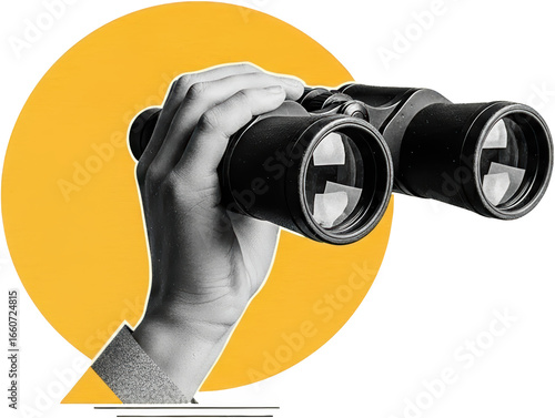 Hand Holding Binoculars Isolated Graphic Element With Yellow Circle Transparent Background For Isolate Collage