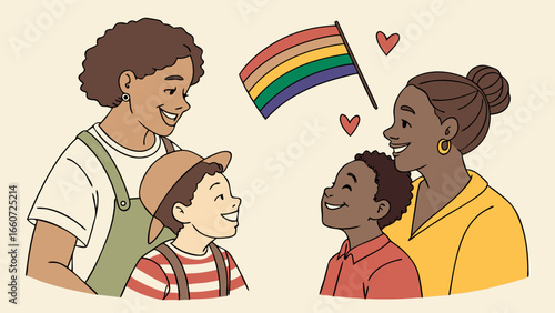 Two Mothers and Two Children Celebrating Pride.