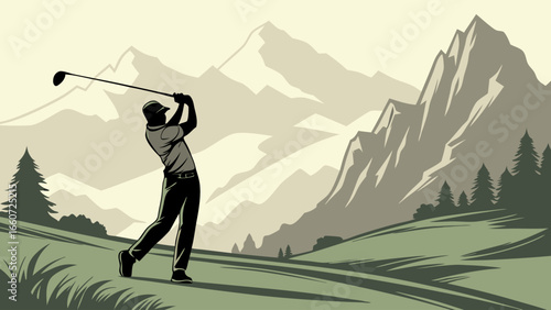 Golf Player Swinging Club in Mountainous Landscape.
