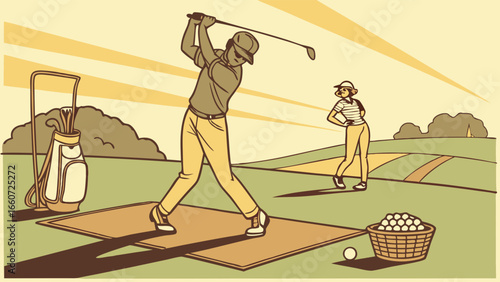 Golf Swing Illustration with Player and Spectator on Course.