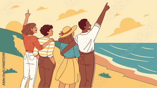 Group of Friends Enjoying the Beach View Together Pointing at Something.