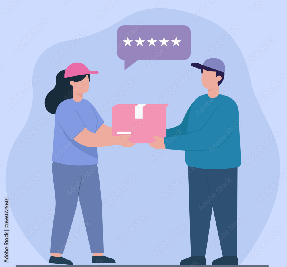 Obraz premium A courier delivers a package to a satisfied customer who gives a five-star rating, symbolizing excellent service and positive feedback in e-commerce