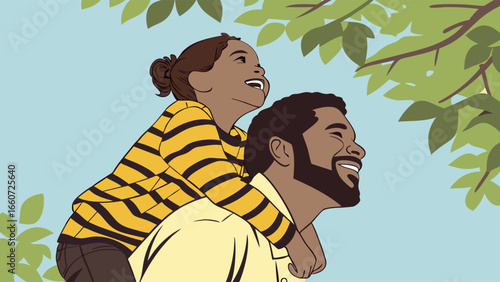 Happy father and daughter enjoying a piggyback ride outdoors.
