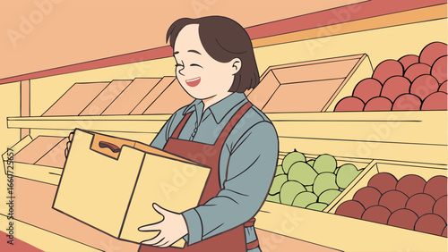 Happy Grocer Holding a Cardboard Box in Produce Section.