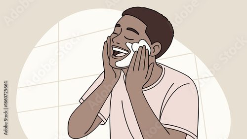 Happy Man Applying Facial Mask in Bathroom.