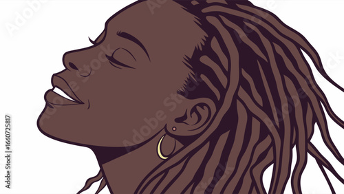 Illustration of a BrownSkinned Woman with Dreadlocks and Golden Hoop Earring.