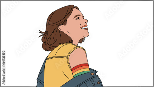 Illustration of a Smiling Woman with Rainbow Armband Looking Upward.