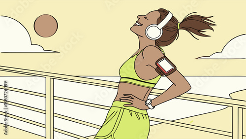 Joyful Woman Exercising Outdoors with Headphones and Tech.
