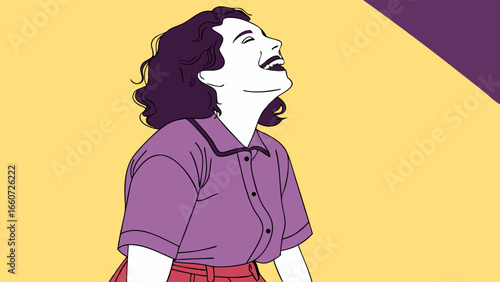 Joyful Woman with Curly Hair Purple Shirt and Red Outline.