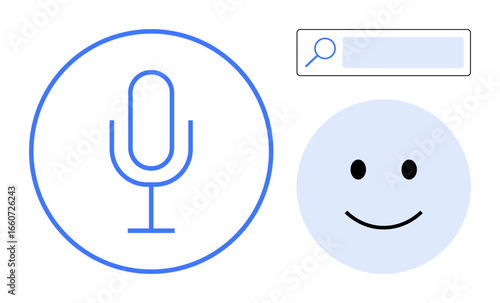 Microphone icon for voice input, search bar for text entry, happy face for user interaction. Ideal for AI, speech recognition, voice search, UX, user assistance, conversational design simple landing