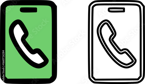 Phone call icon with green screen and outline version for mobile app.