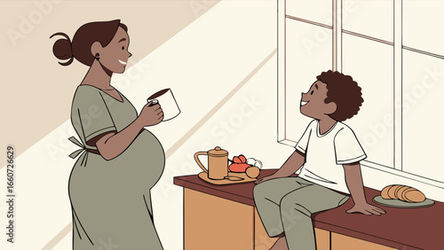 Pregnant Woman and Child Enjoying Breakfast Together.