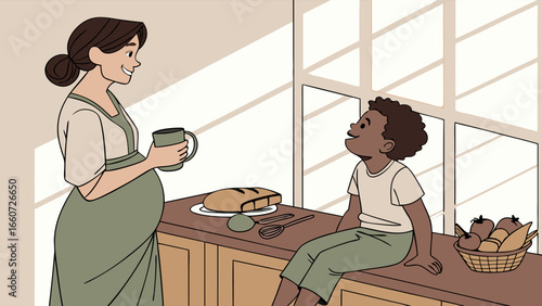 Pregnant Woman and Child in Kitchen Setting.