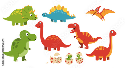 A Diverse Collection of Cartoon Dinosaurs and Their Eggs Displayed in a Playful Arrangement for Educational and Entertainment Purposes