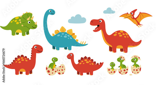  Collection of Adorable Cartoon Dinosaurs in Various Poses and Colors Including Baby Dinosaurs Hatching from Eggs and a Pterodactyl Flying in the Sky with Clouds