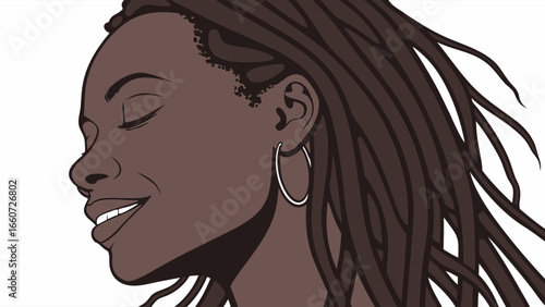 Serene Black Woman with Dreadlocks and Hoop Earrings.