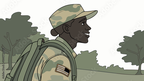 Smiling African American Soldier in Camouflage Uniform with Backpack 1.