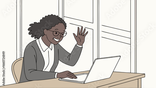 Smiling African American Woman Waving During Video Call on Laptop.